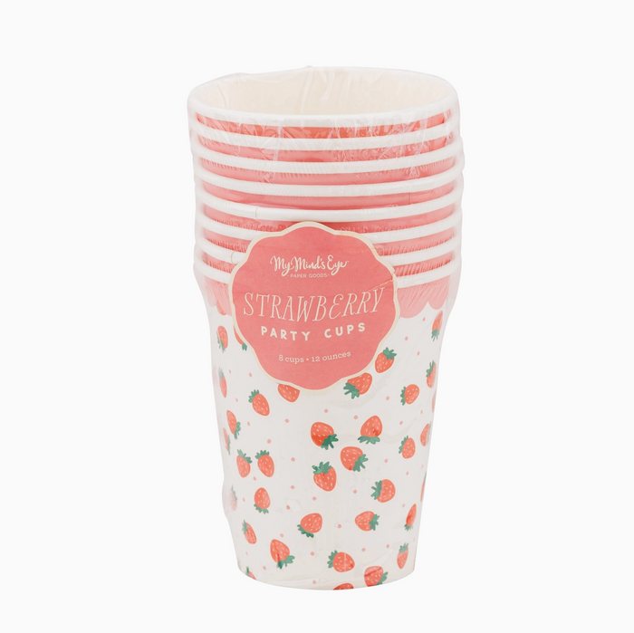 Set of strawberry-themed party cups with a visible brand label on a white background