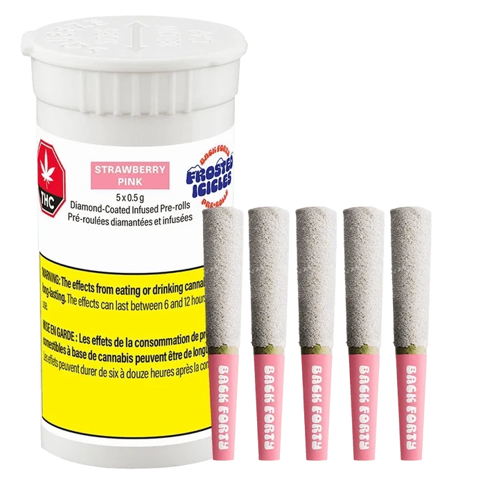Front view of a white canister and five strawberry-pink tipped pre-rolls arranged upright, labeled Strawberry Pink Infused PR 5 x 0.5 g.