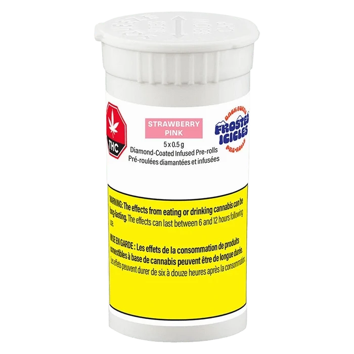 Close-up front view of the Strawberry Pink Infused PR 5 x 0.5 g white plastic container with a pink label panel and prominent yellow warning block.