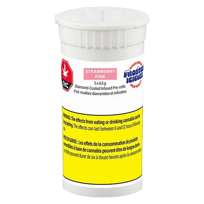 Close-up front view of the Strawberry Pink Infused PR 5 x 0.5 g white plastic container with a pink label panel and prominent yellow warning block.