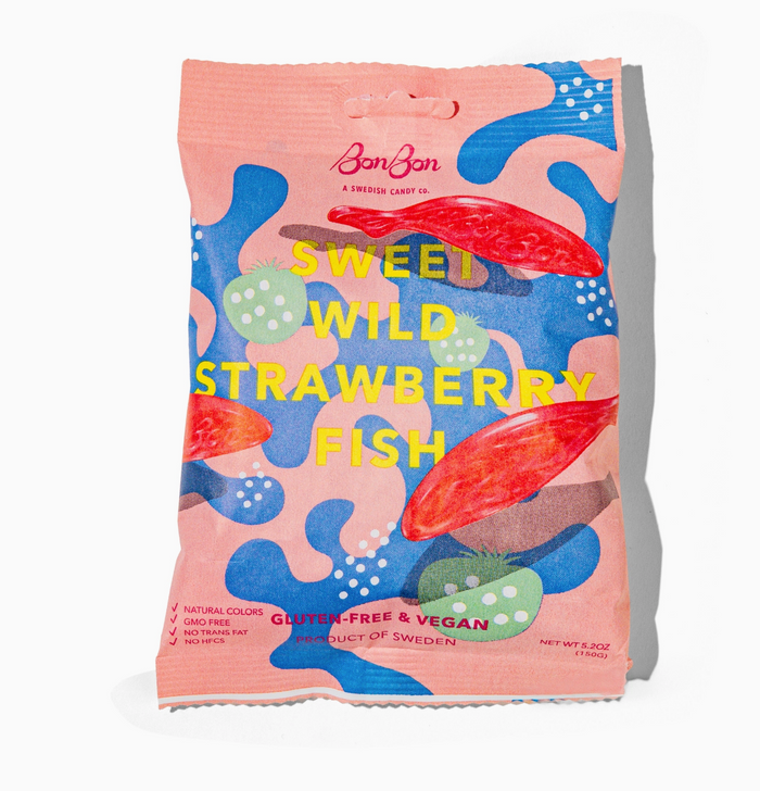 Packaging of San-Jon Sweet Wild Strawberry Fish on a white background