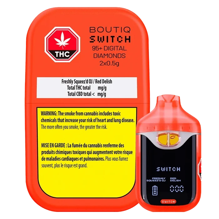 Front view of the bright red Switch 95+ Digital Diamonds Freshly Squeez'd OJ / Red Delish AIO Vape and its matching labeled case.