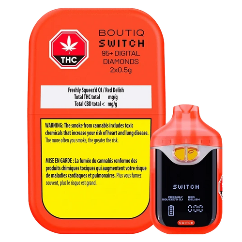 Front view of the bright red Switch 95+ Digital Diamonds Freshly Squeez'd OJ / Red Delish AIO Vape and its matching labeled case.