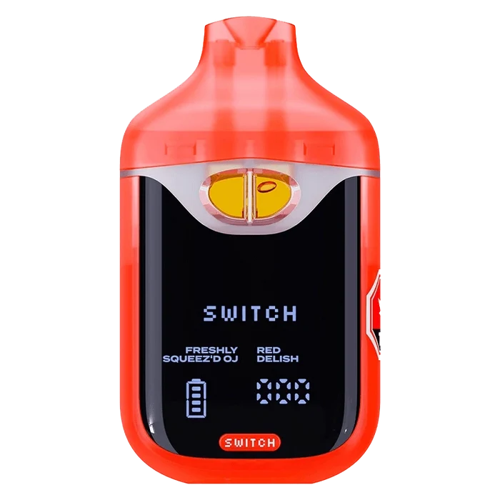 Front-facing shot of the Switch 95+ Digital Diamonds Freshly Squeez'd OJ / Red Delish AIO Vape with its red mouthpiece, black glossy face displaying "SWITCH" and a yellow pod window.