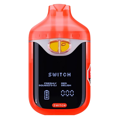 Front-facing shot of the Switch 95+ Digital Diamonds Freshly Squeez'd OJ / Red Delish AIO Vape with its red mouthpiece, black glossy face displaying "SWITCH" and a yellow pod window.
