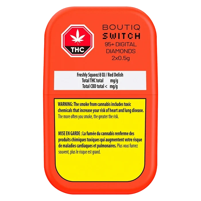 Top-down view of the bright orange Switch 95+ Digital Diamonds Freshly Squeez'd OJ / Red Delish AIO Vape package with warning label.