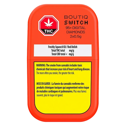 Top-down view of the bright orange Switch 95+ Digital Diamonds Freshly Squeez'd OJ / Red Delish AIO Vape package with warning label.