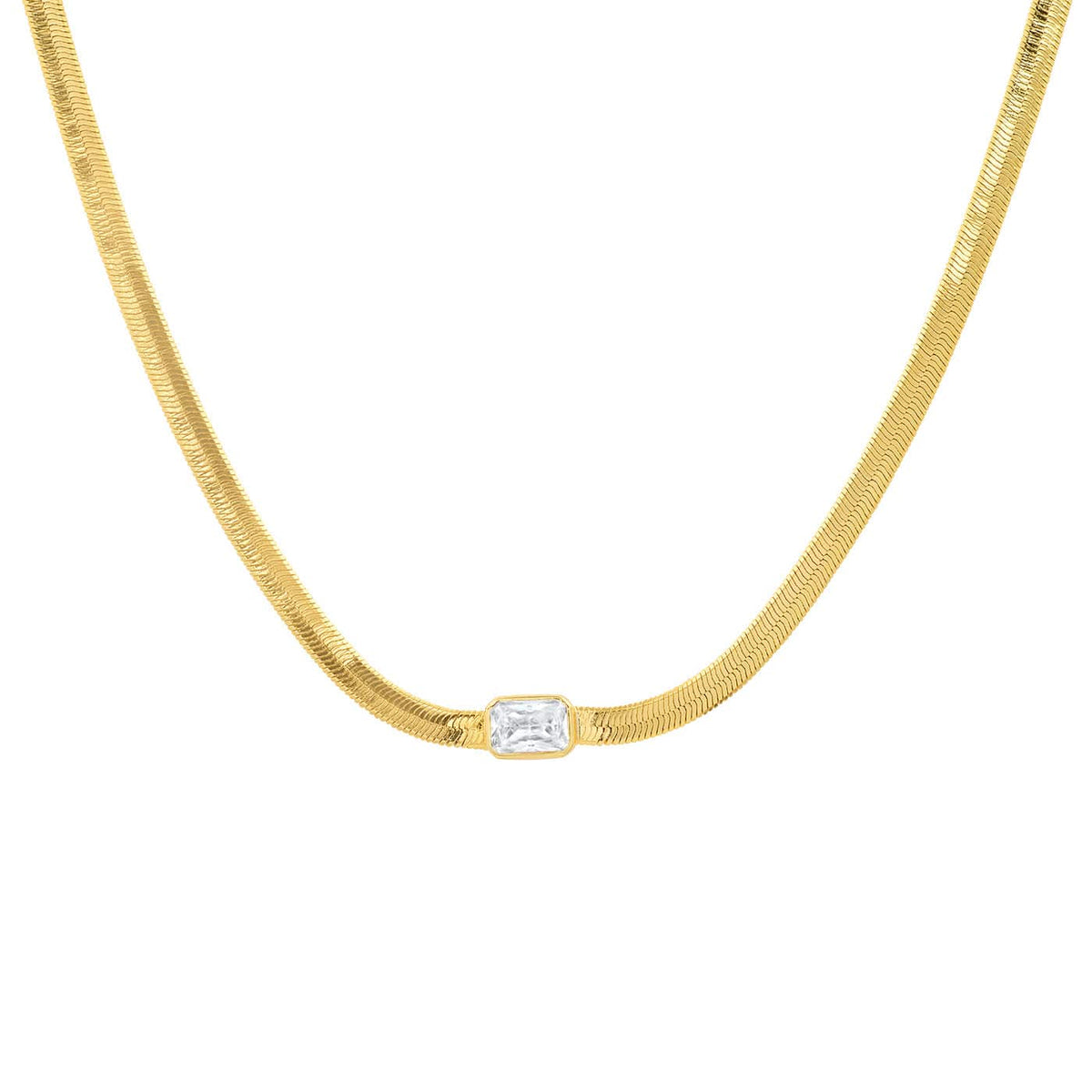 Gold Herringbone Necklace with Jewel Center
