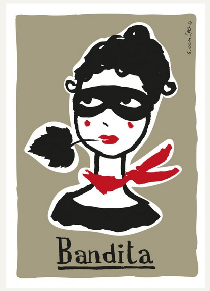 Bandita art wine label with woman portrait and red lips