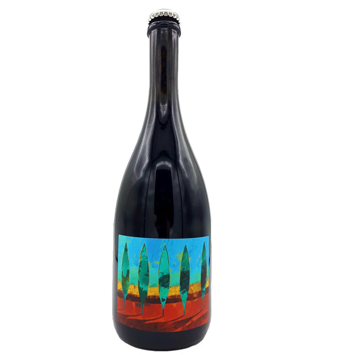 Terrevive wine bottle, dark glass with blue-green label and colorful tree graphic