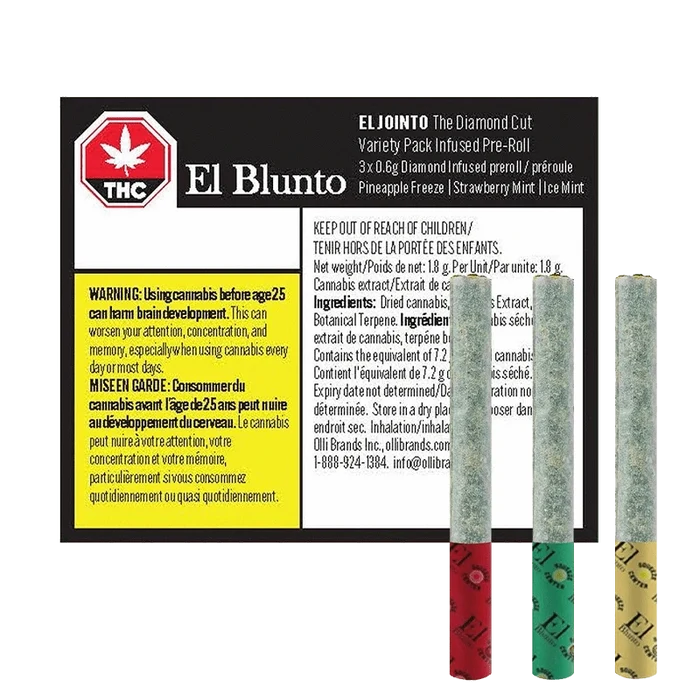 Front-facing product image of El Blunto The Diamond Cut Variety Pack Infused PR 3 x 0.6 g box with three pre-rolls standing upright against a white background.