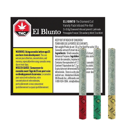 Front-facing product image of El Blunto The Diamond Cut Variety Pack Infused PR 3 x 0.6 g box with three pre-rolls standing upright against a white background.