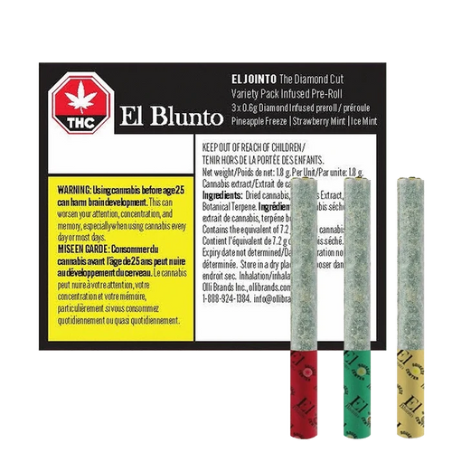 Front-facing product image of El Blunto The Diamond Cut Variety Pack Infused PR 3 x 0.6 g box with three pre-rolls standing upright against a white background.