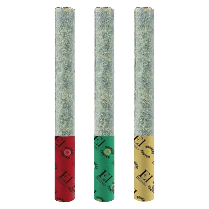 Studio-lit front view of three vertical joints in a row labeled The Diamond Cut Variety Pack Infused PR 3 x 0.6 g, each with red, green, and gold filter bands.