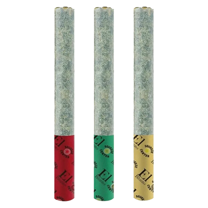 Studio-lit front view of three vertical joints in a row labeled The Diamond Cut Variety Pack Infused PR 3 x 0.6 g, each with red, green, and gold filter bands.
