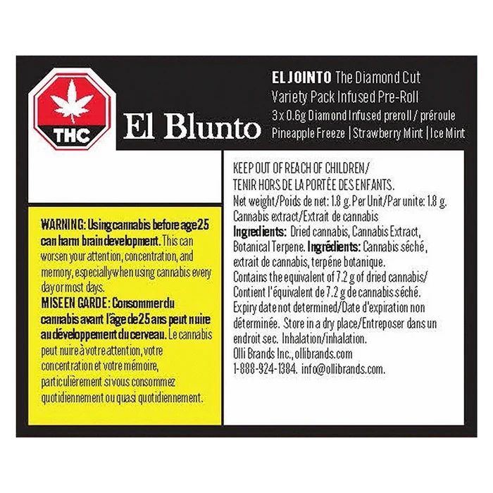 Rectangular front-facing label for El Blunto The Diamond Cut Variety Pack Infused PR 3 x 0.6 g with bold black header, yellow warning panel and detailed ingredient text.