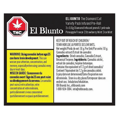 Rectangular front-facing label for El Blunto The Diamond Cut Variety Pack Infused PR 3 x 0.6 g with bold black header, yellow warning panel and detailed ingredient text.