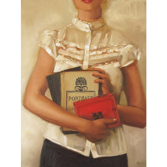 A painting of a person holding three books wearing a white blouse with short puffed sleeves, in front of a neutral background.