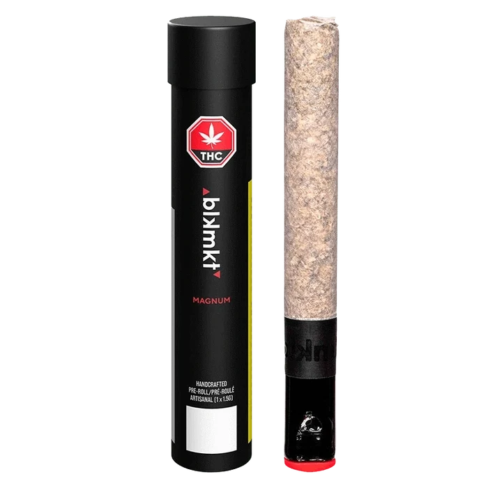 Front-facing image of The Magnum PR 1 x 1.5 g showing a black cylindrical tube with red THC emblem beside a rolled pre-roll standing upright.