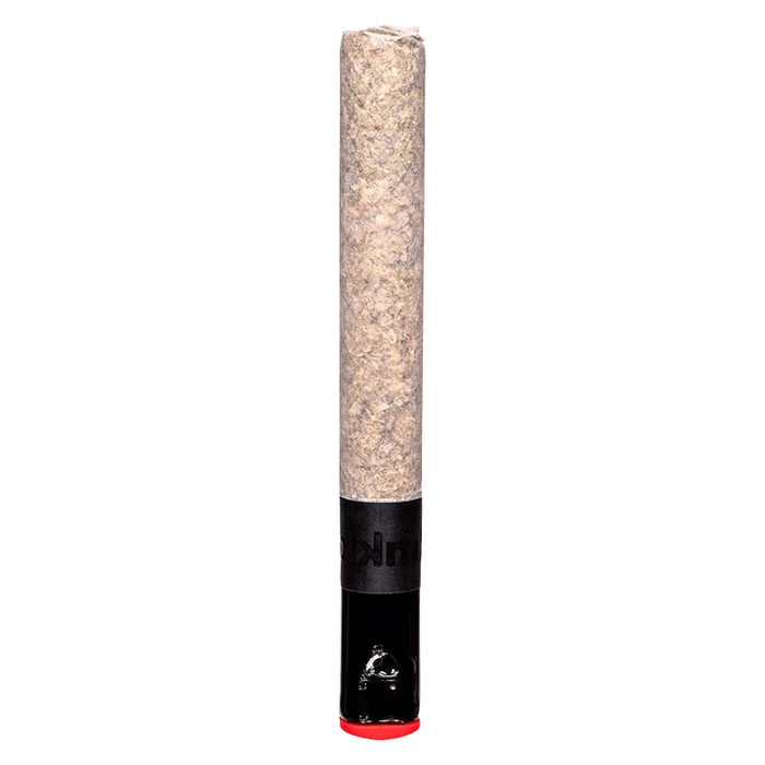Vertical studio shot of The Magnum PR 1 x 1.5 g pre-roll showing its textured brown paper and glossy black filter with a red tip.