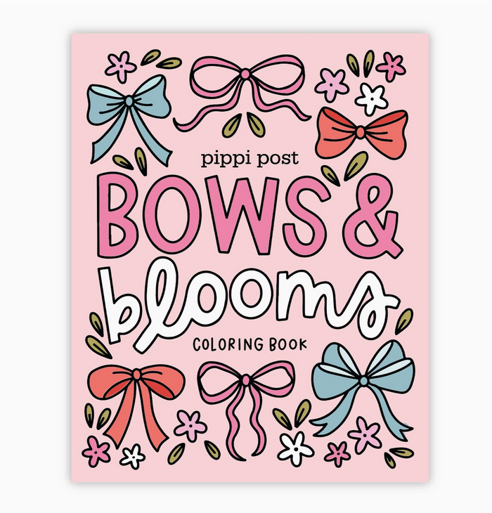 Coloring book titled 'Bows & Blooms' by Pippi Post on a pink background