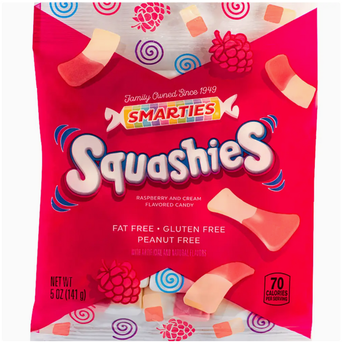 Smarties Squashies packaging with red background and candy graphics