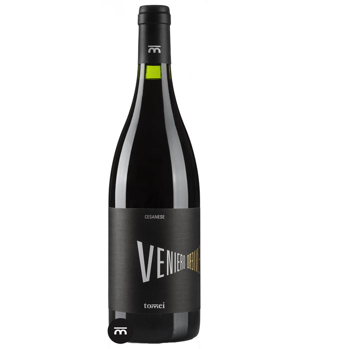 Dark wine bottle with black label reading Cesanese and VEN, Tomei branding