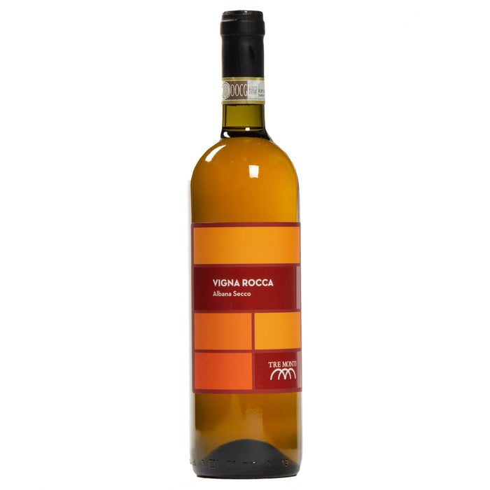 Tre Monti Vigna Rocca Albana 2020 wine bottle, amber glass with Vigna Rocca label
