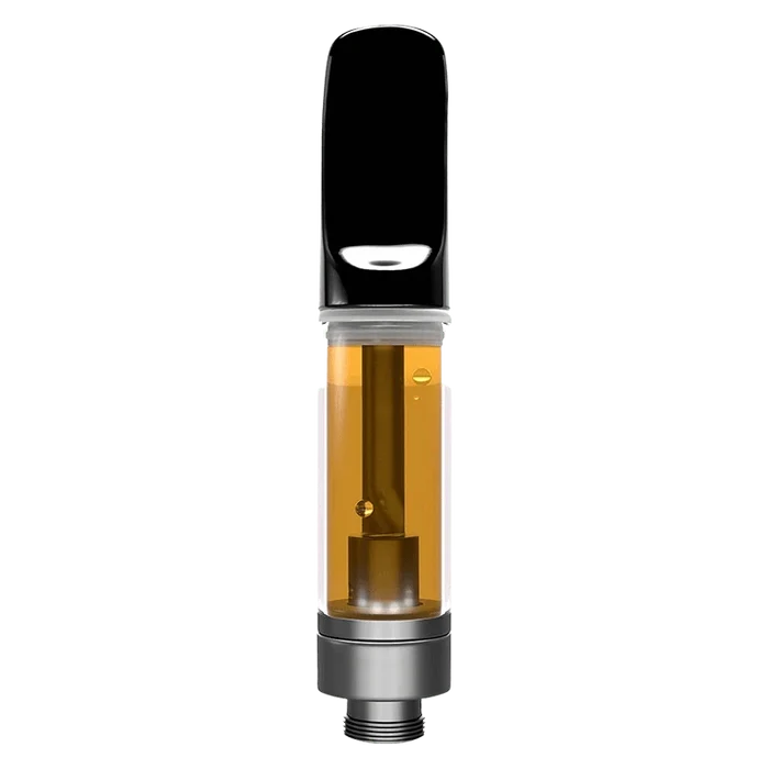 Straight-on view of a filled Troparazzi Liquid Diamond Vape Cartridge showing amber oil, a black mouthpiece, and metal base.