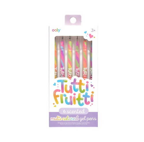 Packaging of Tutti Fruitti scented gel pens by Ooly, featuring multicolored pens visible through a clear plastic window, with 'Tutti Frutti' and 'scented multi-colored gel pens' text.