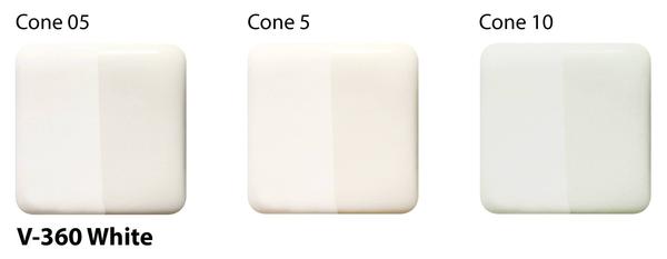 Amaco V-360 White underglaze test tiles fired at cone 05, cone 5 and cone 10, each tile split into two halves
