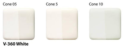 Amaco V-360 White underglaze test tiles fired at cone 05, cone 5 and cone 10, each tile split into two halves