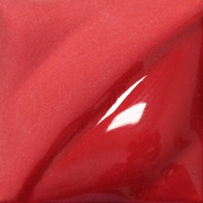 Amaco V-387 Bright Red velvet underglaze swatch tile, crimson red with a satin half and a glossy half
