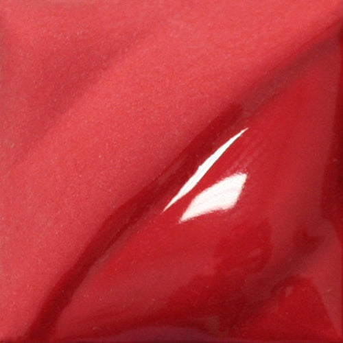 Amaco V-387 Bright Red velvet underglaze swatch tile, crimson red with a satin half and a glossy half