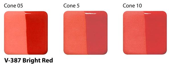 Amaco V-387 Bright Red underglaze tiles at cone 05, cone 5 and cone 10, two-tone halves on each