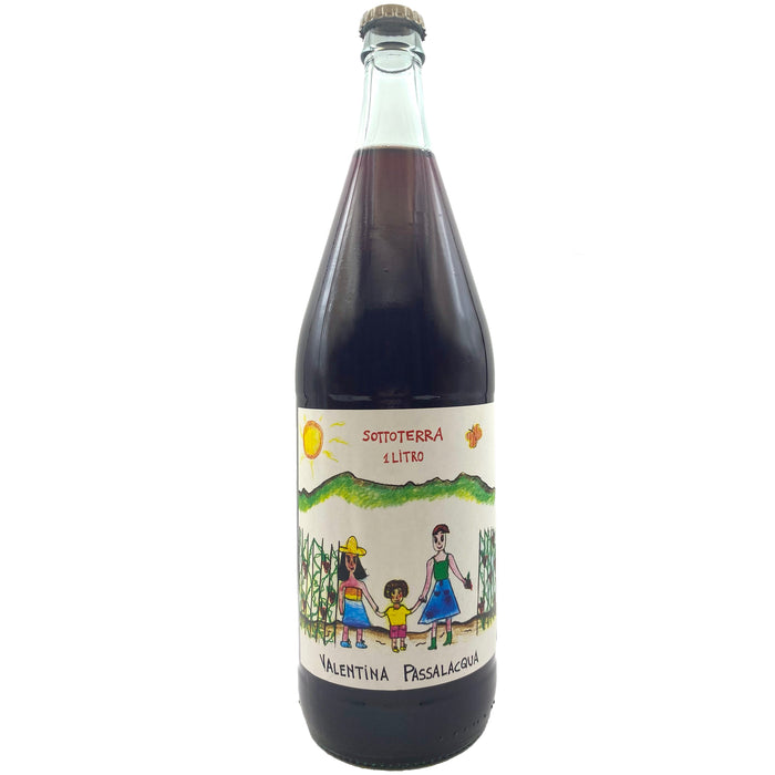 Negroamaro wine bottle with colorful illustrated label and dark red liquid, 1L.