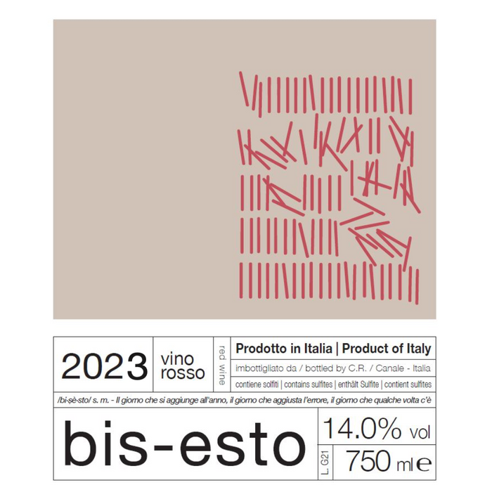 Wine bottle label with 2023 text and red geometric line design on pale background