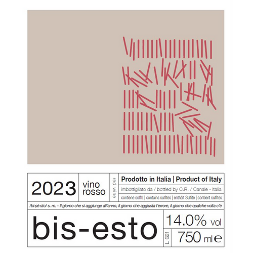 Wine bottle label with 2023 text and red geometric line design on pale background