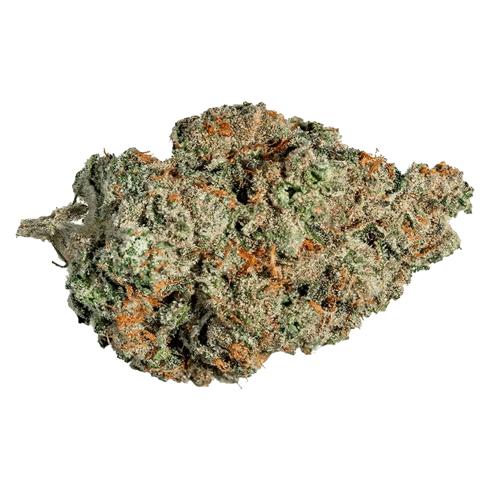 Close-up of a single "Valley Girl" cannabis bud showing frosty trichomes and orange hairs against a neutral background