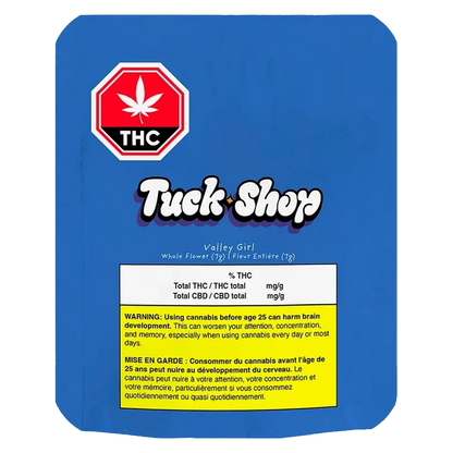Front-facing blue package showing the Truck Shop "Valley Girl" label, THC red octagon logo at top left, and a yellow warning box at the bottom.