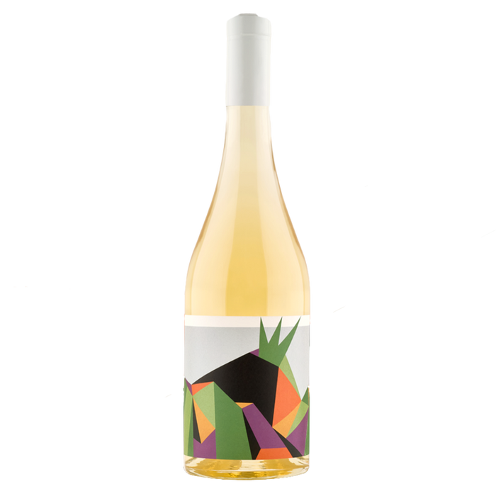 Tall white wine bottle with pale straw fill and colorful green geometric label