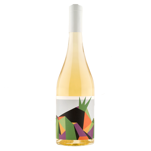 Tall white wine bottle with pale straw fill and colorful green geometric label