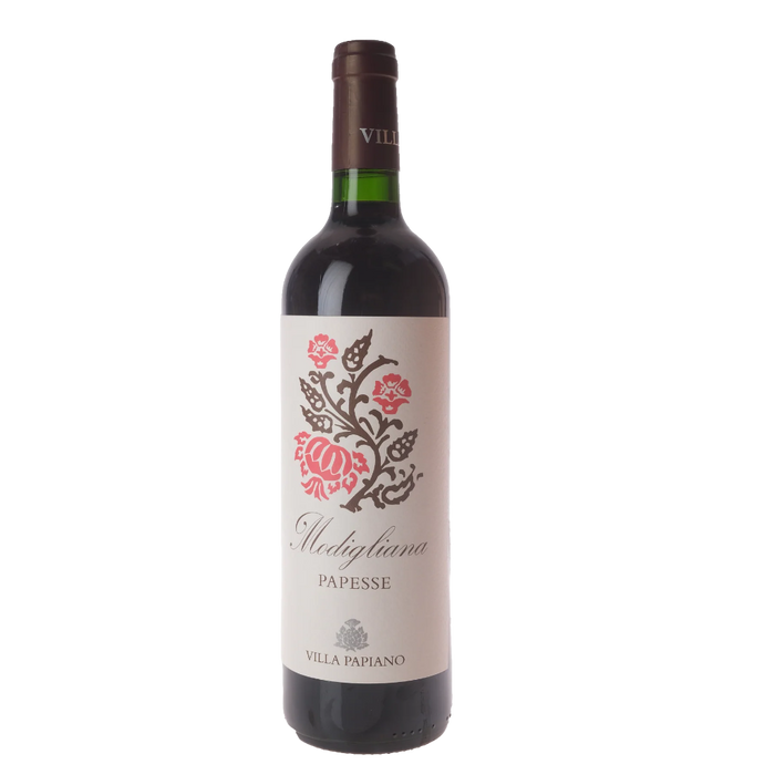 Sangiovese wine bottle with dark glass and illustrated cream label