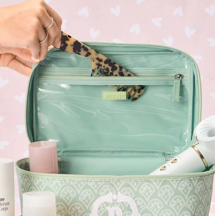 Weezie Vanity Case Green Block Print Travel Accessories in at Wrapsody