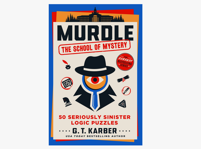 Book cover of 'Murdle: The School of Mystery' with a stylized detective illustration and colorful border.