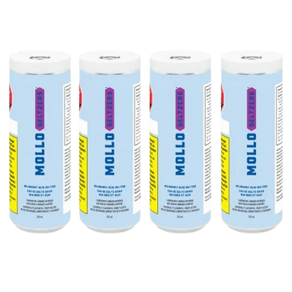 Row of four upright Wildberry Acai Seltzer Multi Pack cans with pale blue labels photographed front-on against a white background.
