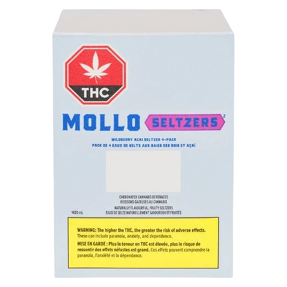 Front-facing shot of the Wildberry Acai Seltzer Multi Pack box with bold MOLLO Seltzers logo and a red THC warning badge on a pale blue background