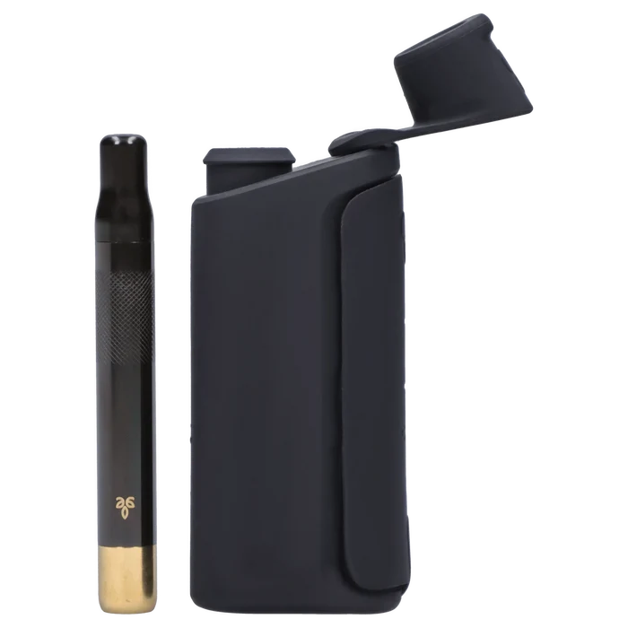Close-up front view of the X5 One Hitter showing a black metal one-hitter with a brass tip next to its matte black hinged case.