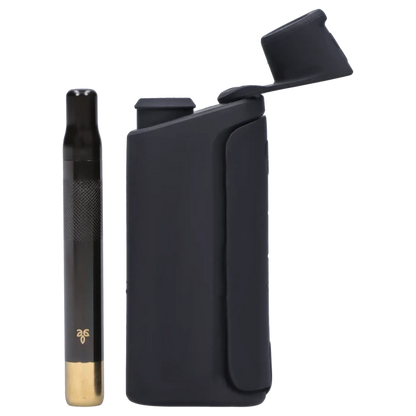 Close-up front view of the X5 One Hitter showing a black metal one-hitter with a brass tip next to its matte black hinged case.