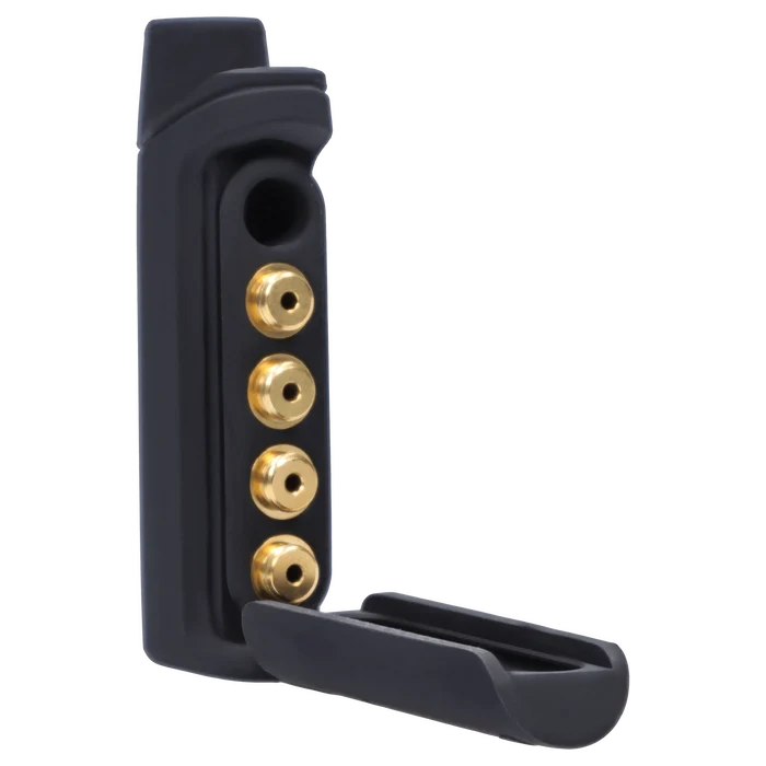 Close-up three-quarter view of the black X5 One Hitter with its hinged case open to reveal a vertical row of four gold-colored metal inserts.